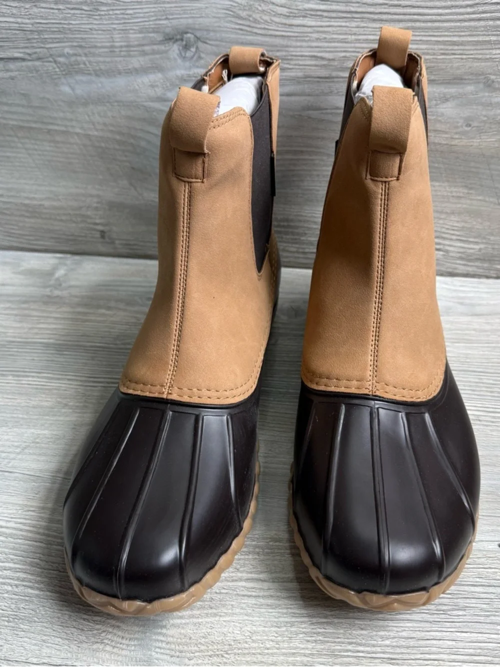 JBU men’s Tan and Dark Brown Duck Boot Chelsea Boots size 13